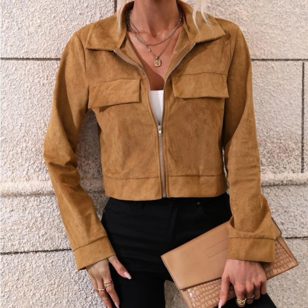 SHEIN ‼️ Flap Detail Zip Up Faux Suede Jacket